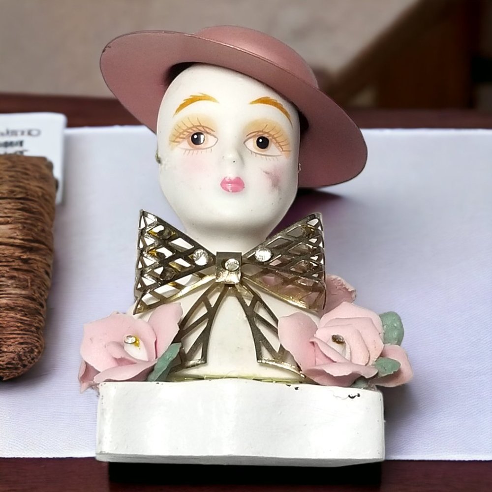 Art Deco Mini Girl Pierrot Jester Rare Head/Bust Figurine Bisque Mime Clown - Picture 2 of 8